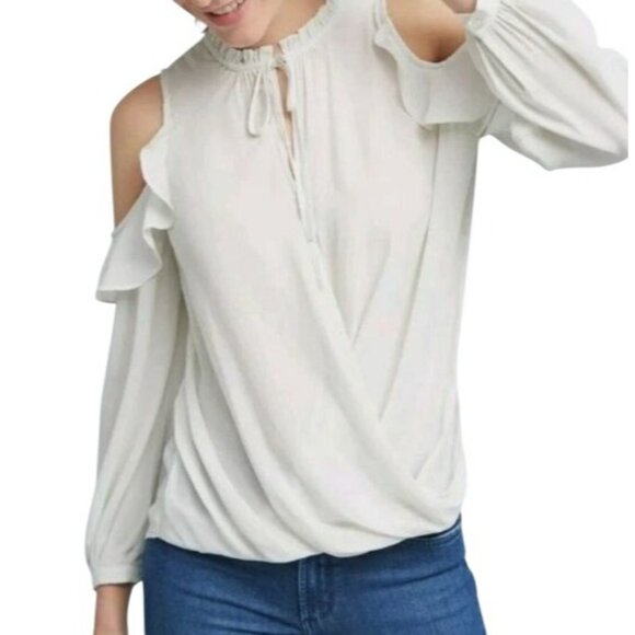 Maeve Anthropologie Liesel Cold Shoulder Blouse V neck ruffle Spring Top - Picture 2 of 13
